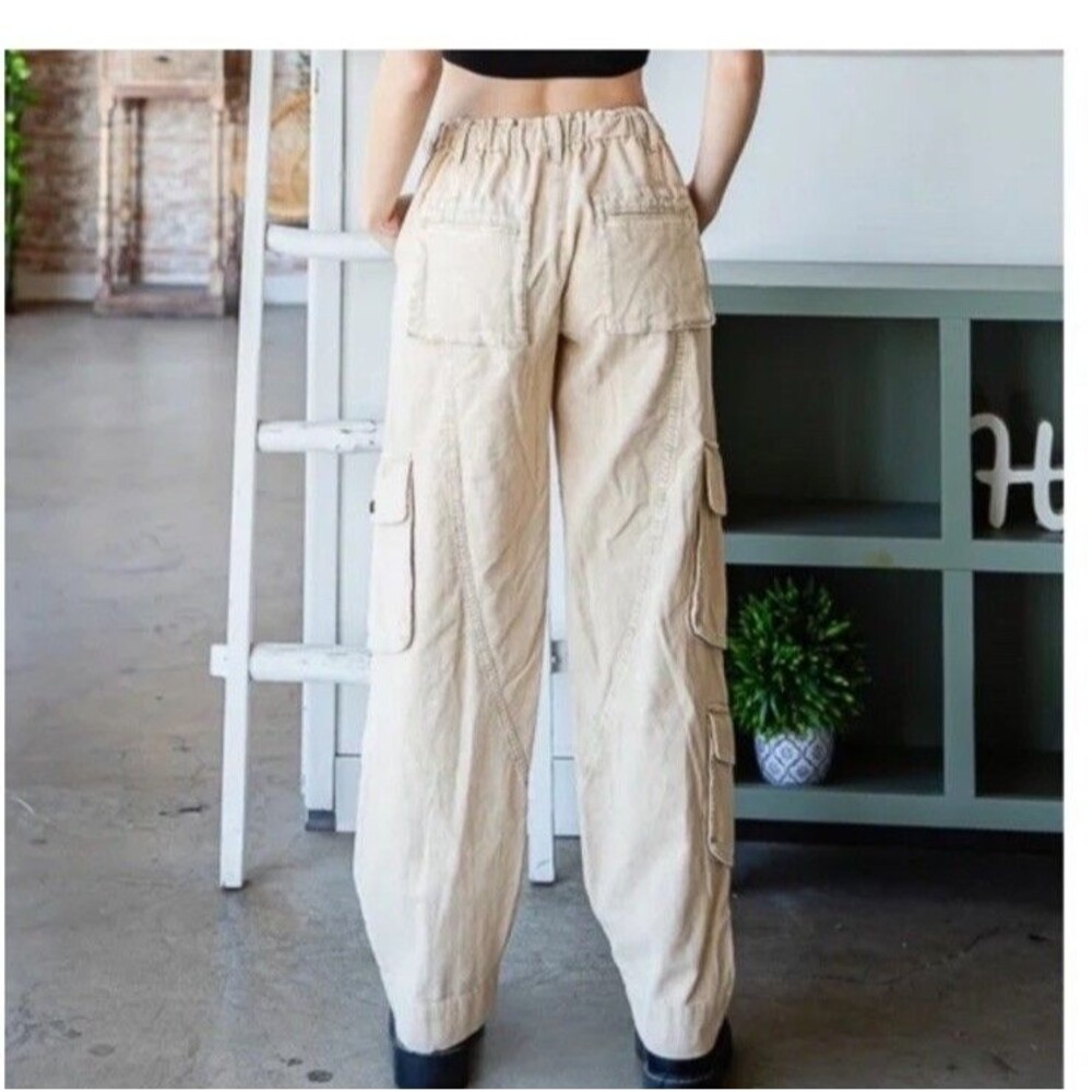 Oli & Hali Cream Streetwear Cargo Pants Drawstring Waist Utility JP0153 Large - Picture 2 of 13